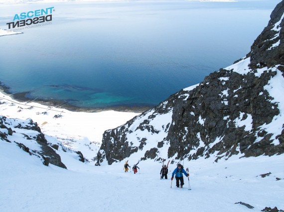 Climbing a couloir on Russelvfjellet, Saturday. Photo: Jimmy Halvardsson